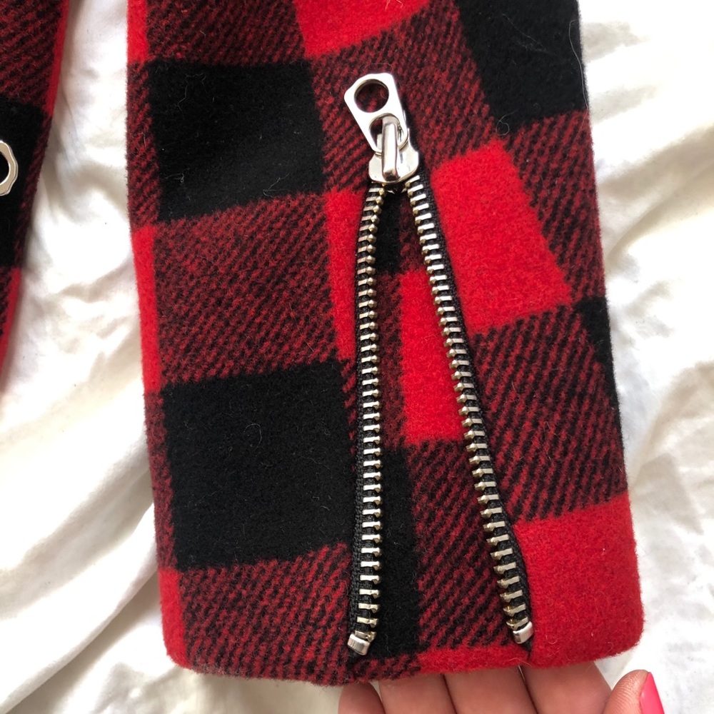 NWT Sandro Minds Shearling Red Plaid Moto Jacket - Picture 8 of 10